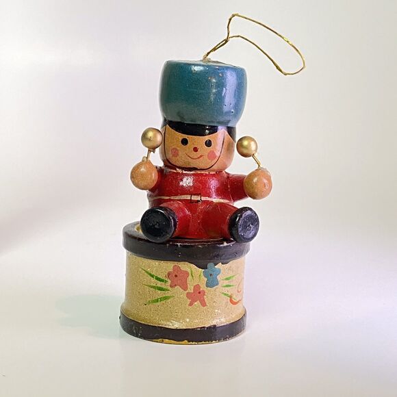 Vintage Christmas Lot 4 Painted Wood Ornaments Nutcracker Train Sled Drummer - Picture 13 of 16